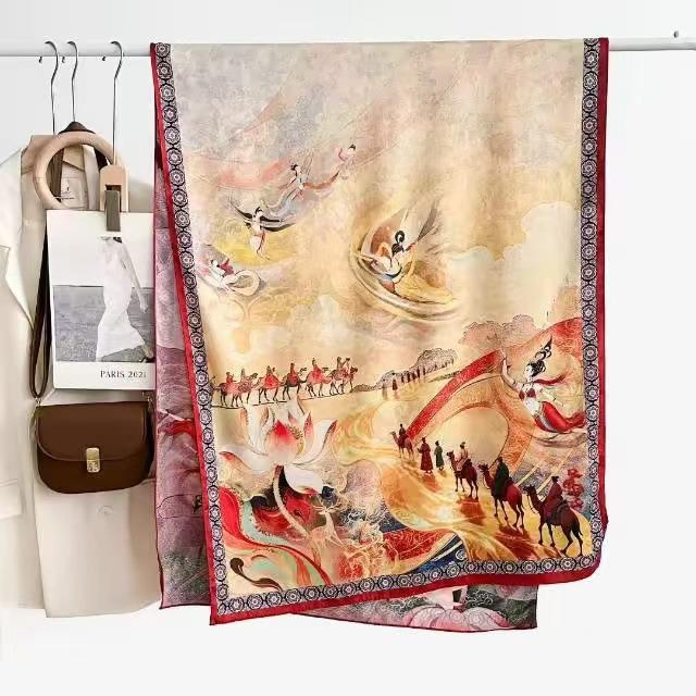 Xiangyun Dunhuang Feitian Flower Dill Cut Flower Thin Popular National Style Jacquard High-End Versatile Silk Scarf 180X70 Shawl