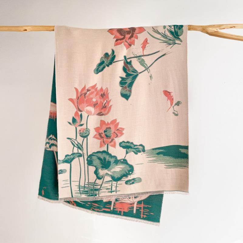 Imitation cashmere ink painting lotus scarf women's new warm simple autumn and winter double-sided thickened scarf