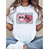 European Size Women's T-shirt, "Mama" Sweet-cool Heart Print with Pink Hearts, Black Cursive Text, and Leopard Print Heart Background.