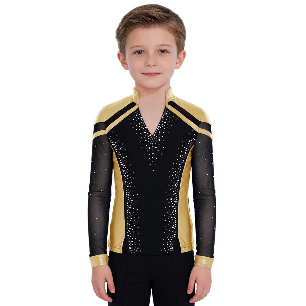 Boys V Neck Long Sleeve Shiny Metallic Color Block Figure Skating Top