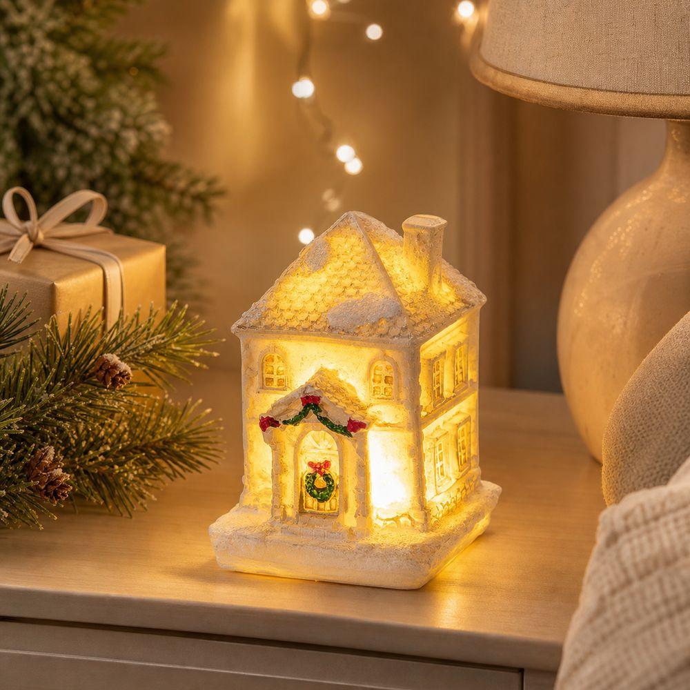 Battery Powered Snow House Figurine Resin Christmas Night Light Bedroom Night Light