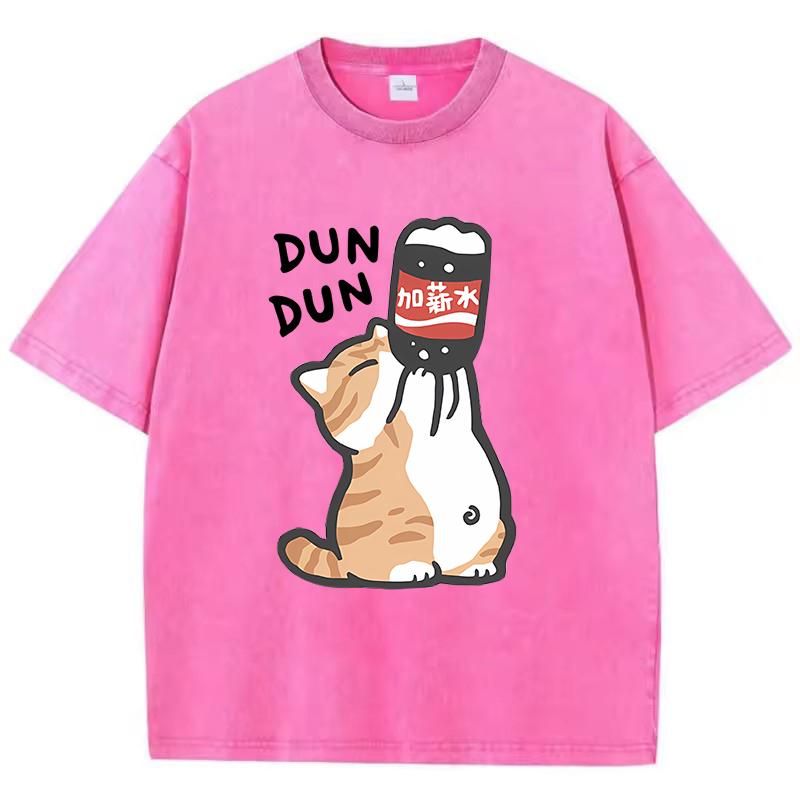Manga Retro Washed Cotton T-Shirt Cat Chinoiserie Style Vintage Top Tee Casual Streetwear Men Women Unisex T Shirt