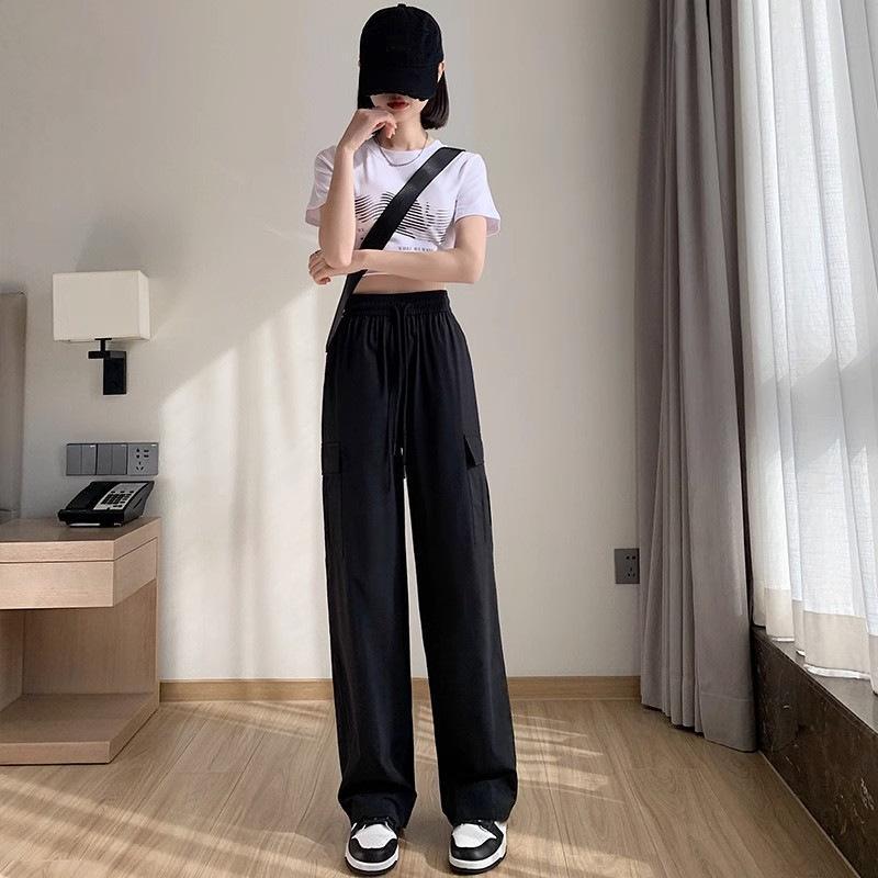 Dámské volné cargo kalhoty s vysokým pasem Jaro Léto Široké rovné jednobarevné kalhoty Dámské ležérní vintage elastické kalhoty Streetwear