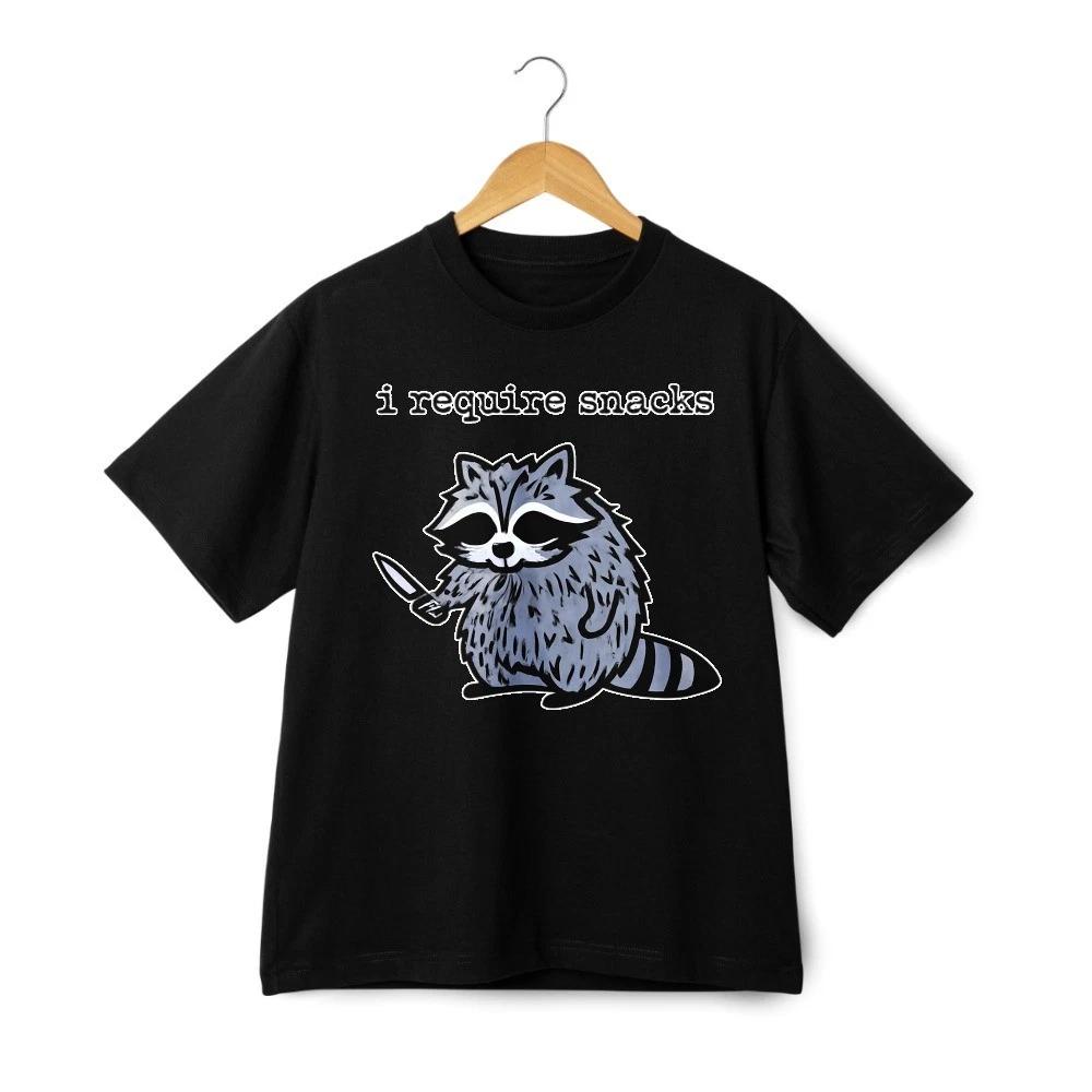 Funny Raccoon I Require Snacks Graphic T-Shirt Cute Snack Lover Streetwear Tee S