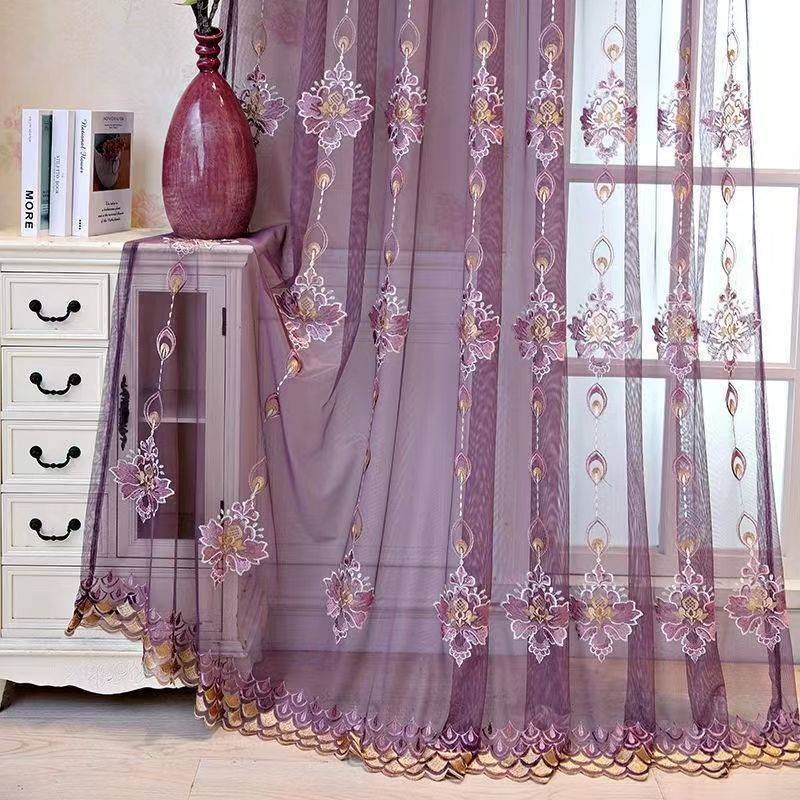 European Beaded Embroidered Sheer Curtains, Grommet Top with Thermal Insulation, for Living Room and Bedroom Decor, Elegant Floral Pattern