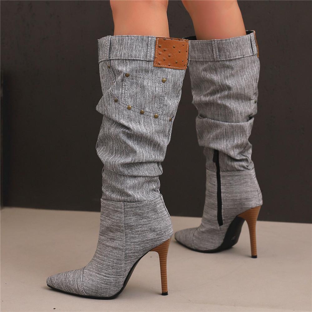 Fashion Women's Autumn and Winter New Pleated High-heeled Short Boots Pointed Zip Knee-length Boots Women's 34-50 Large Mid Length Boots