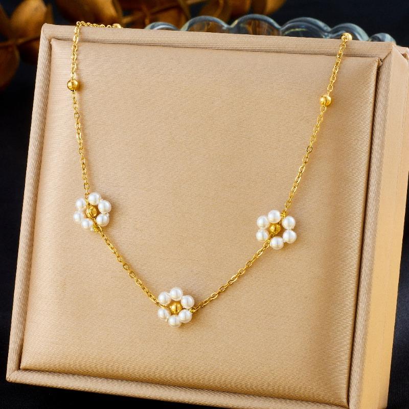 Pearl Flower Jewelry Set For Women Gold Plated Stainless Steel Necklace Bracelet Earrings