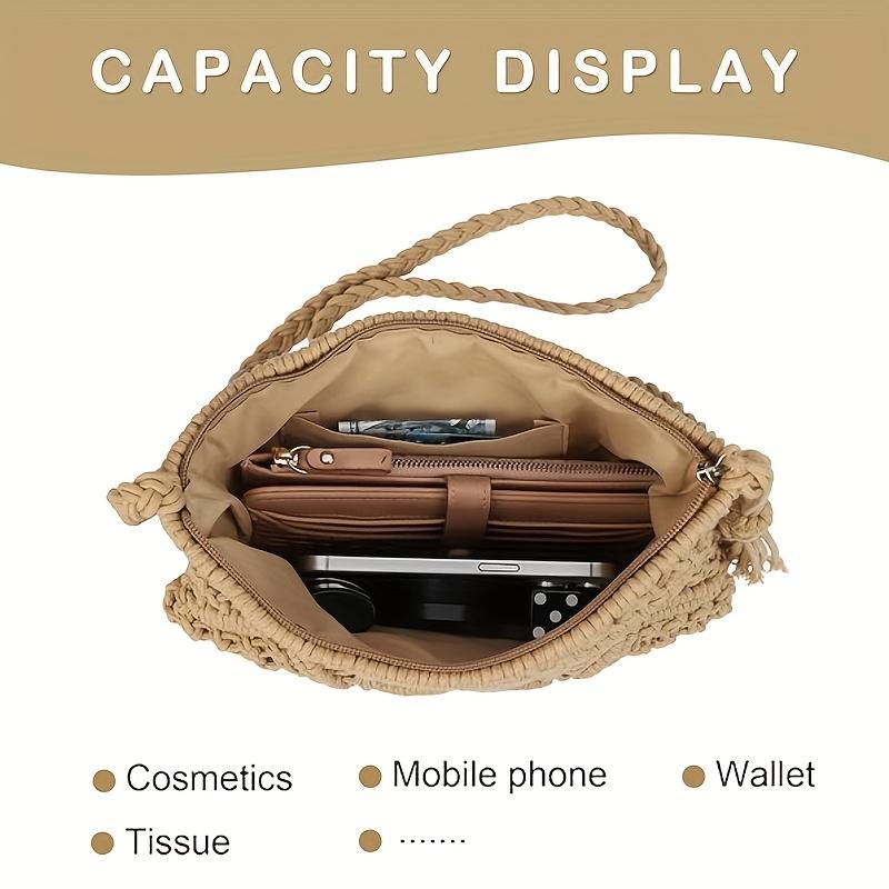 Women'S Crossbody Bag, Hollowed-Out Straw Braided Tassel Women'S Zipper Crossbody Bag, Suitable for Seaside Beach Vacation Use