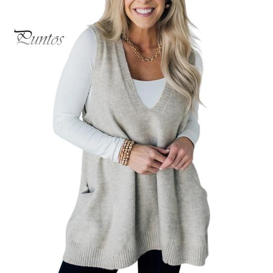 

Женский свитер с V-образным вырезом, без рукавов, однотонный вязаный жилет с карманами, ребристая отделка, свободный крой, средняя длина, повседневный трикотаж L