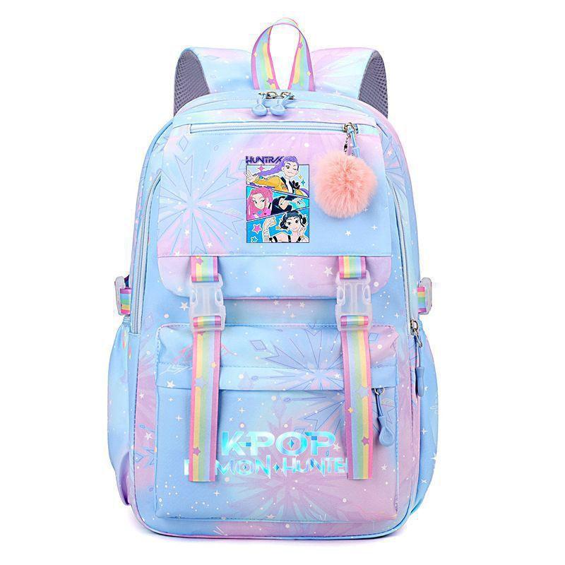 Korean Style School Backpack Teenagers Large Capacity Nylon Bookbag With Padded Straps Cartoon Print Unisex Student Bag