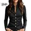 Women Slim Fit Blazer Stand Collar Striped Blazer, Single-Breasted Casual Jacket Blouse Top, Office Business Outerwear Slimming Waist Coat