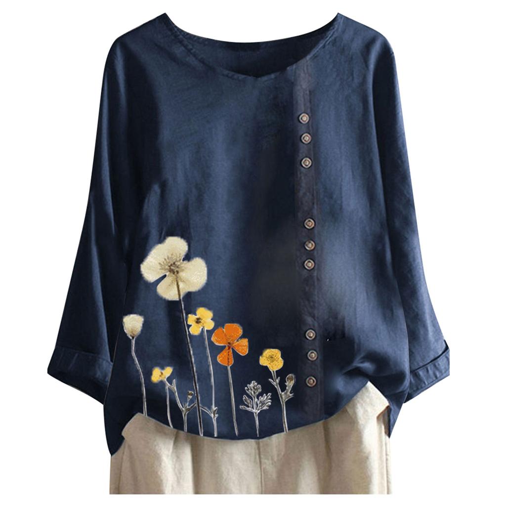 Women Casual Floral Print Long Sleeve Button  Loose T-Shirt Top Blouse