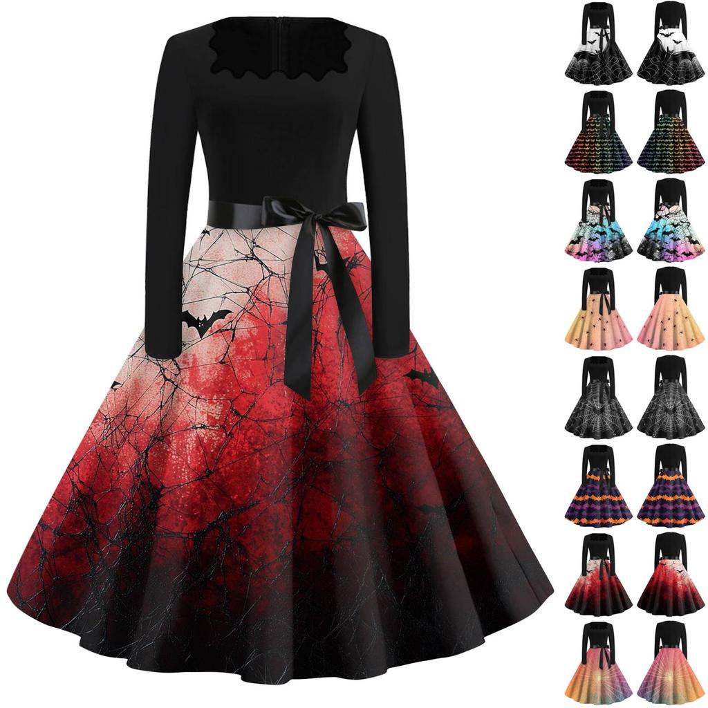 Women's Fashion Square Neck Casual Slim Halloween Printed Long Sleeve Dresses