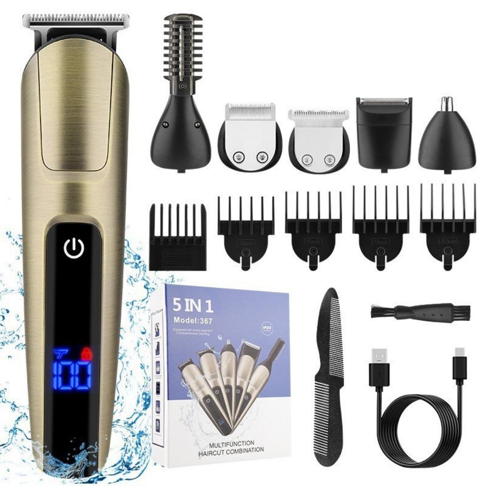 Men's 5-in-1 Professional Electric Hair Trimmer LCD Hair Clipper Shaver Rechargeable Body and Nose Hair Trimmer Set