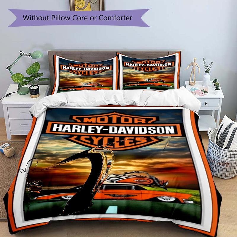 3pcs Duvet Cover Set (1*Duvet Cover + 2*Pillowcase, Without Core), Harley Davidson Print Bedding Set, Bedroom Decor, All‑Season, Gift