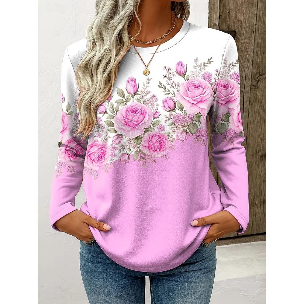 Women's T Shirt Casual Long Sleeve Tops Floral Graphic Tees Shirt Blouse O-neck Fall Winter Streetwear Style Pullover