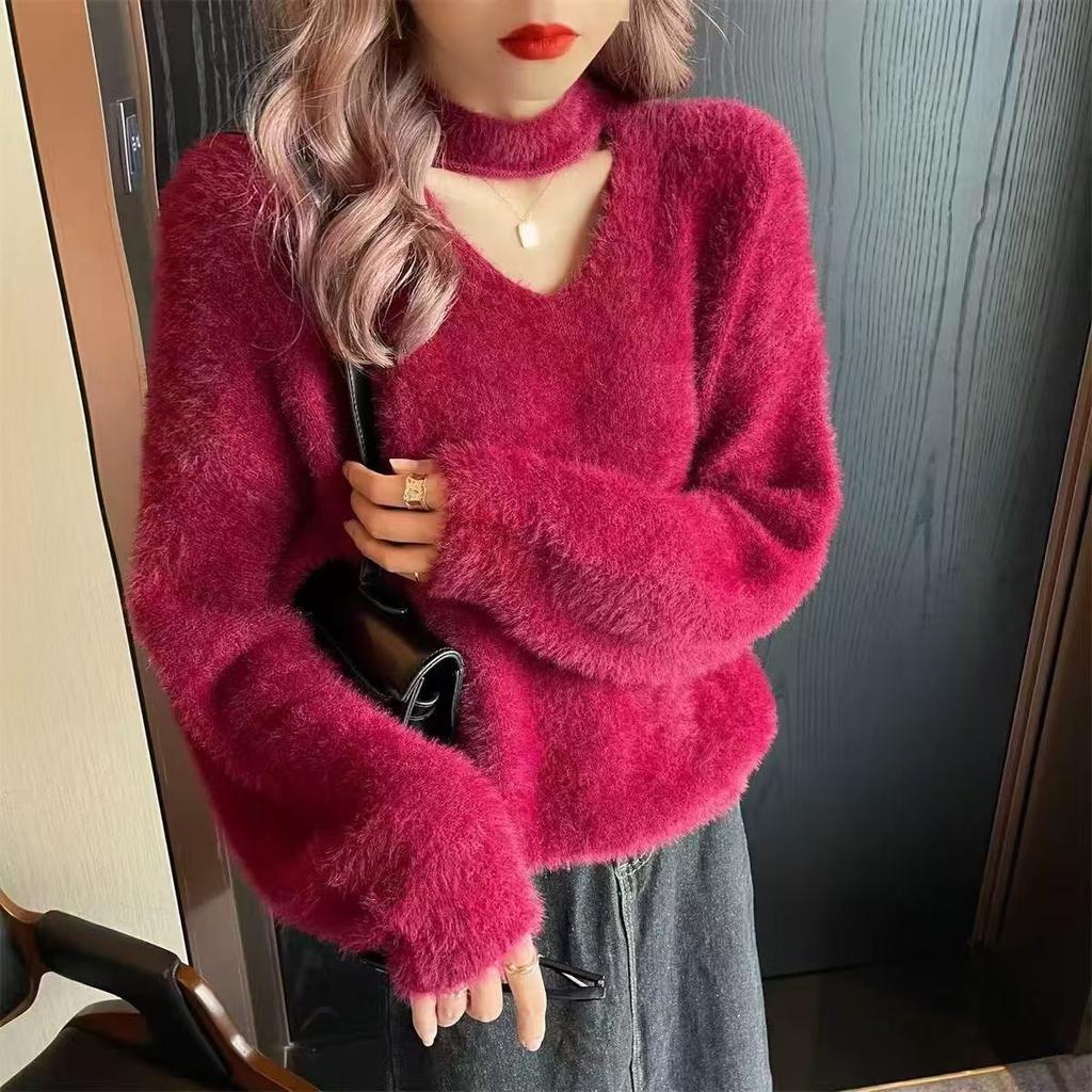 New Autumn and Winter V-neck Halterneck Sweater for Women Imitation Mink Velvet Lazy Style Loose Outer Knitted Sweater Top for Women