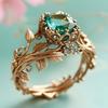 Temperament Retro Green Crystal Hollowed-out Totem Vine Leaves Rings Women's Creative Charm Stainless Steel Finger Jewelry Gift