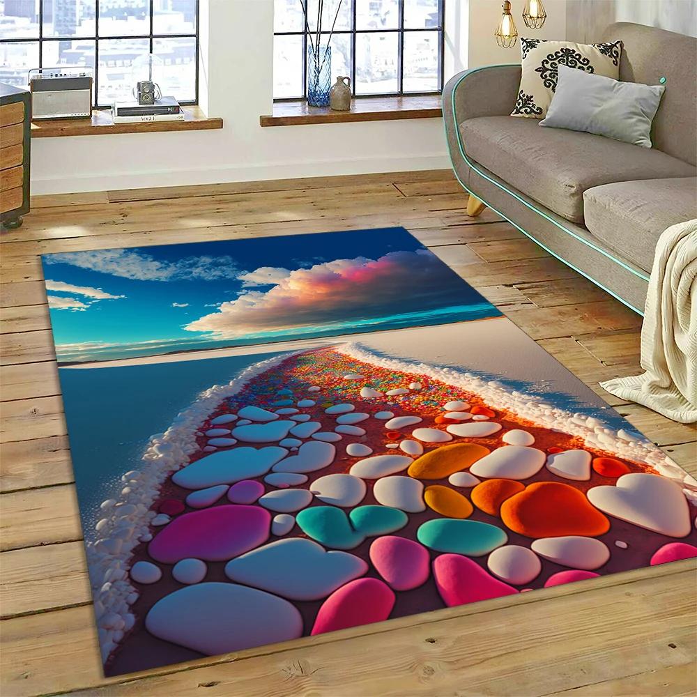 2025 New Style Colorful Pebble Rainbow Road Beach Stone Scenery Carpet Rug for Living Room Bedroom Home Sofa,Non-slip Floor Mat