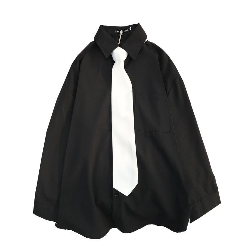 White Shirts Women with Tie Japanese Style Preppy Students BF Oversized Blouse Simple Solid Loose Summer Top