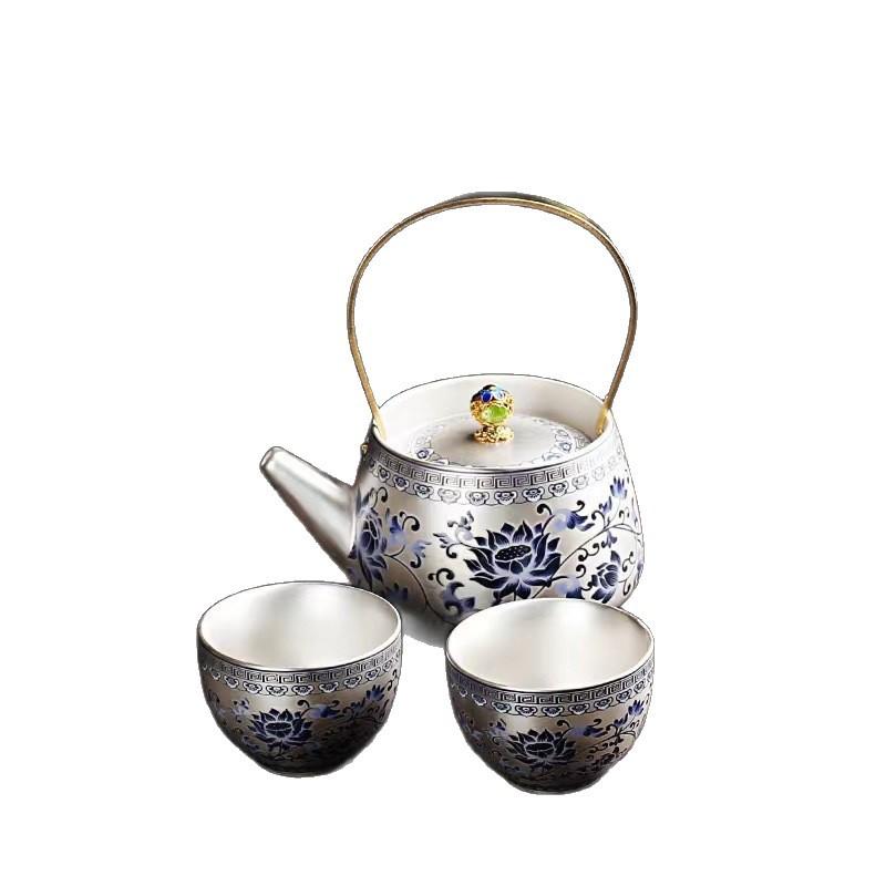 Full Silver Blue And White Twisted Lotus Beam Pot, One Pot And Two Cups Of Tea Set, Convenient For Home Use, New Teapot, Teapot