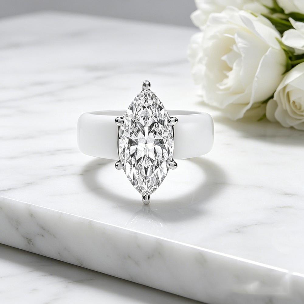 White Silicone CZ Ring for Women, Marquise Cut Cubic Zirconia with White Gold Prongs, Daily Wear Casual Fashion Jewelry Gift