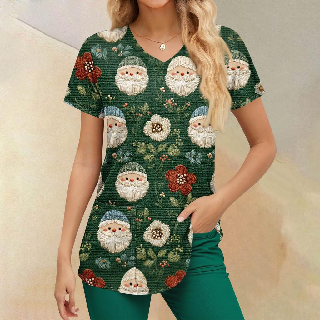 Damen-Bluse mit Weihnachtsdruck, kurzärmelig, V-Ausschnitt, Arbeitstasche