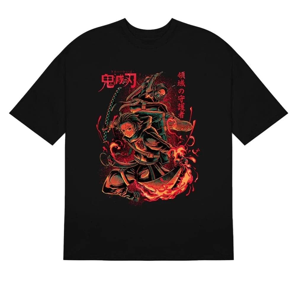 Anime Demon Slayer Kimetsu No Yaiba Tanjiro Nezuko Fiery Guardians Black Tshirt S