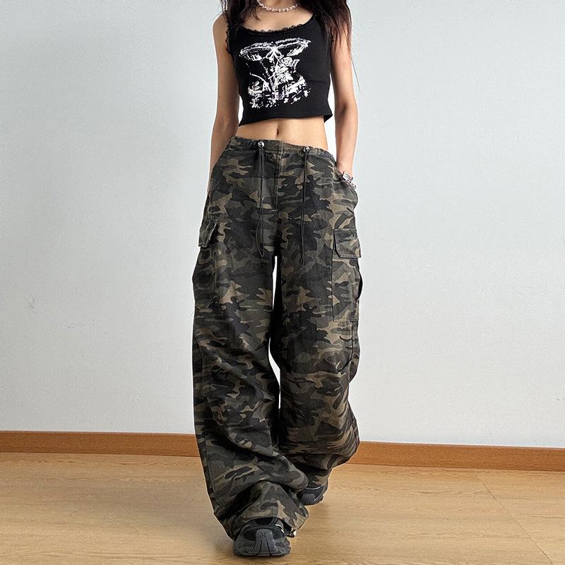New Military Green Camouflage Multi-pocket Jeans for Men and Women 2026, Straight Loose Hip-hop High-waisted Wide-leg Pants