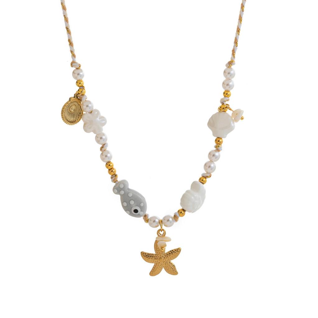 18k Gold Electroplated Clavicle Chain Necklace with Starfish and Small Fish Pendant