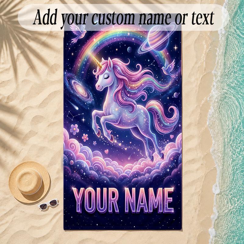 Unicorn Theme Soft Beach Towel Personalized Custom Name Text Towel Portable for Beach Pool Travel