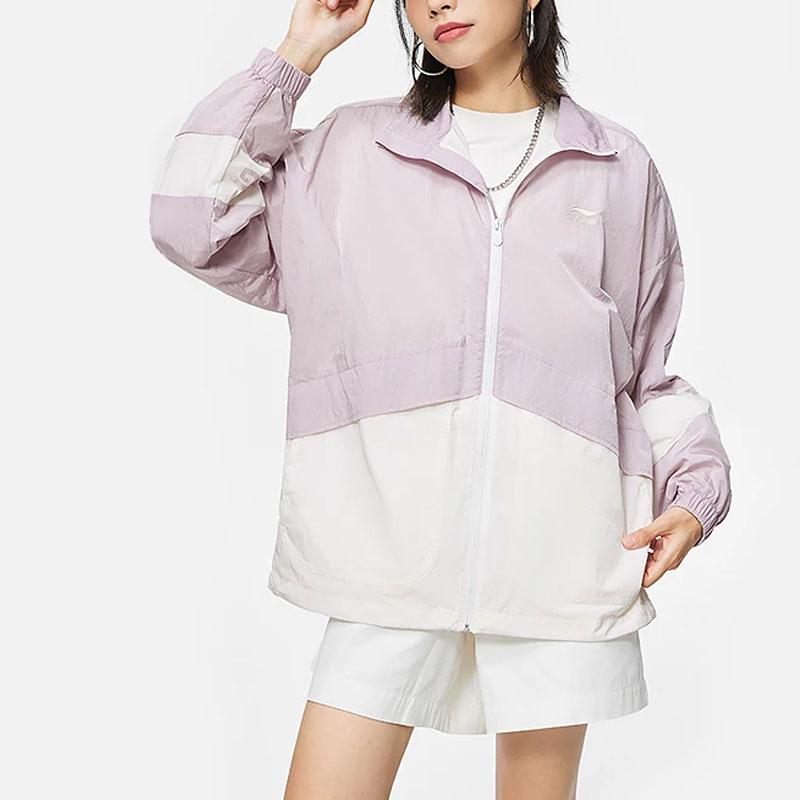 Li-Ning Color Block Stand Collar Loose Sports Jacket Women Jacket Silk-Purple Cream-White AFDT880-2
