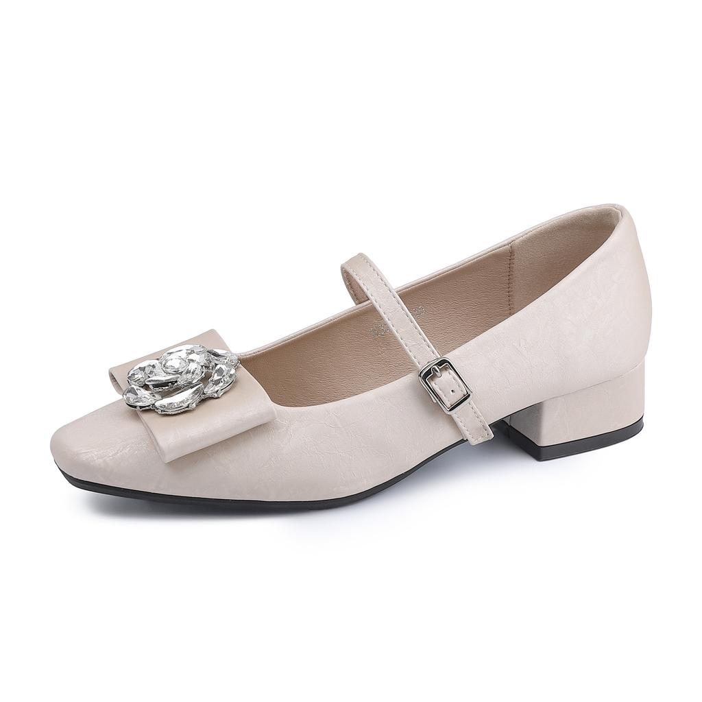 Französische Mary Jane Schuhe mit dickem Absatz und Ein-Wort-Schnalle, Damen-Kopf-Temperament, Strass-Blume, Einzelne Schuhe, Bequeme und vielseitige Damenschuhe o