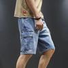 Men's Summer Lightweight Multi-Pocket Denim Work Shorts - Straight Fit, Loose, Elastic, Trendy Mid-Length.