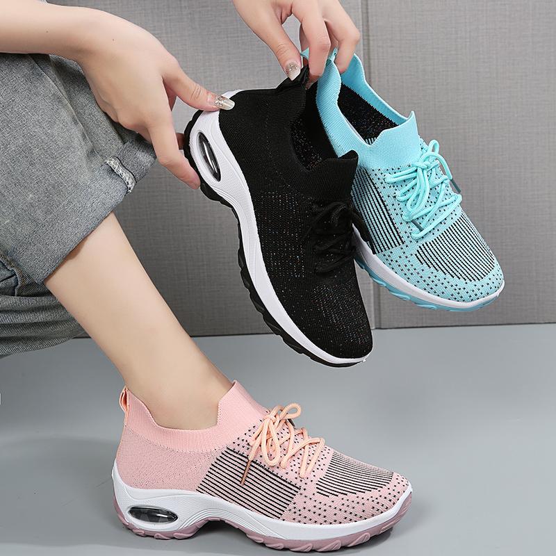 Rimocy Høst Plattform Kilesko Sneakers Kvinner Pustende Mesh Luftpute Sportssko Kvinne Blandet Farge Strikkede Fritidssko