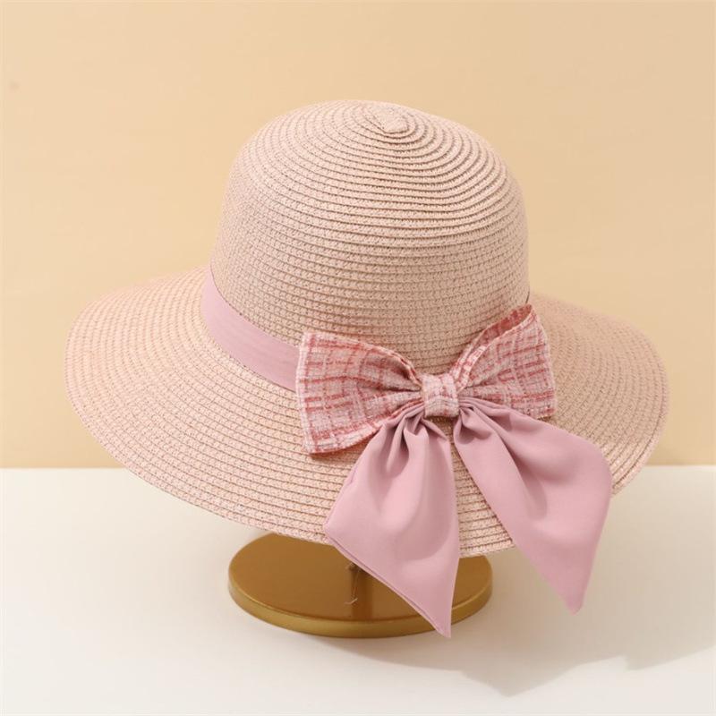 Straw Hat Women's Summer Plaid Beach Hat Sunscreen Vacation Visor Bow Bucket Hat Sun Hats Basin Hats