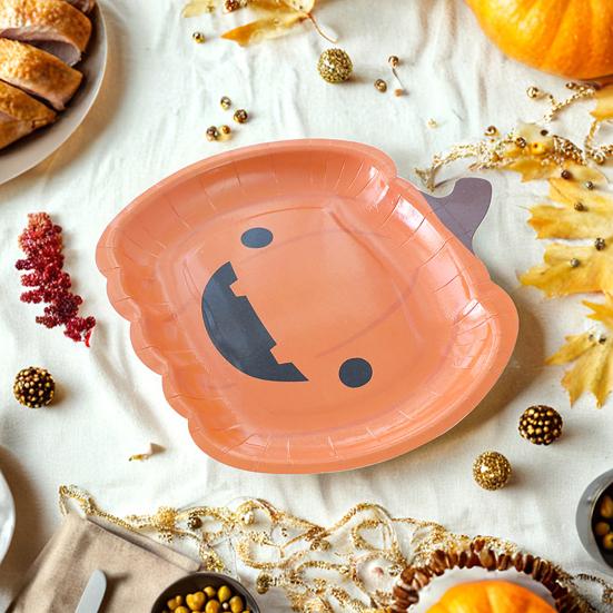 Halloween Pumpkin Paper Plates Black Orange Pumpkin Grimace Plates Disposable Serving Trays for Halloween Party Favors
