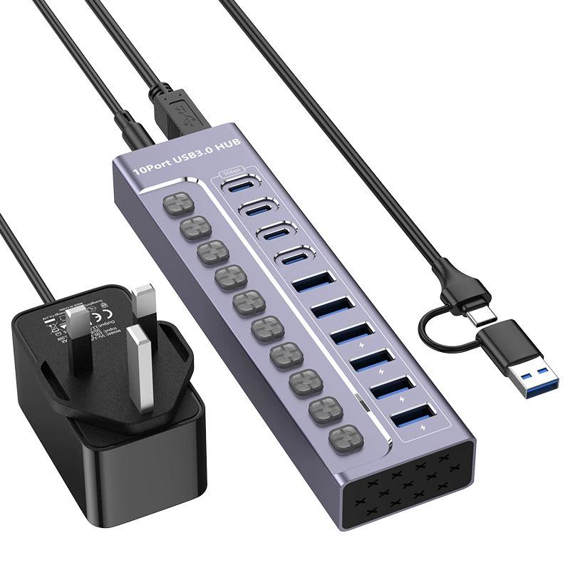 10-Port USB 3.0 Hub with Switch, Charging Type-C Port, One-to-Ten Splitter