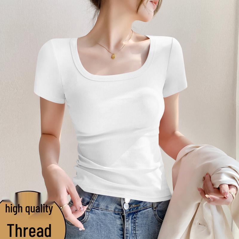 Women's Short-Sleeve Square Neck Ribbed T-Shirt – Minimalist Trendy Style
