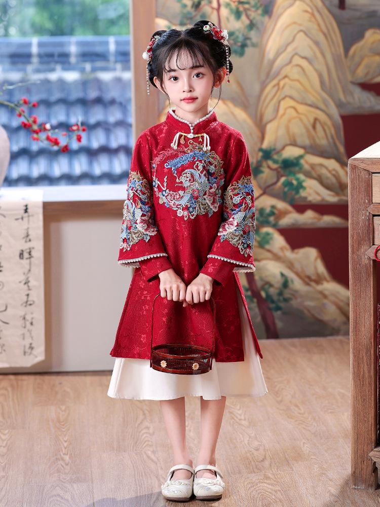 Girls' New Year Long-Sleeve Qipao: Children's Chinese-Style Autumn/Winter Dress 2026