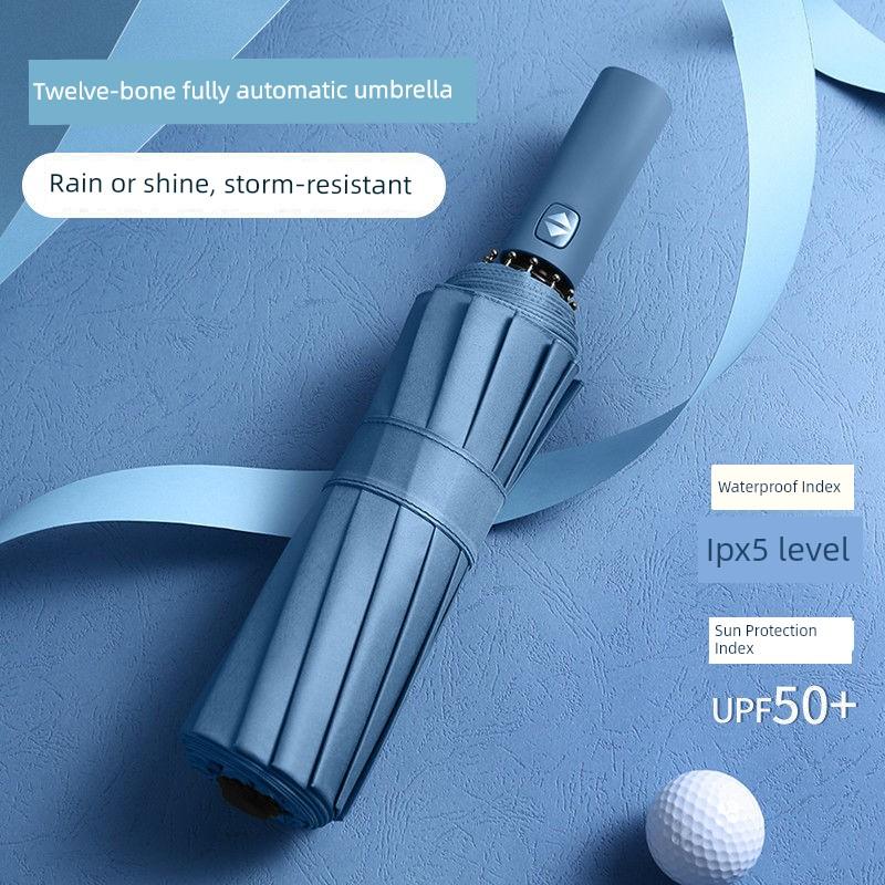 12-Rib Black Rubber Fully Automatic Folding Umbrella for Sun and Rain, Bulk Quantity, 70% off Sunshade Umbrellas with Logo Printing, Gift and