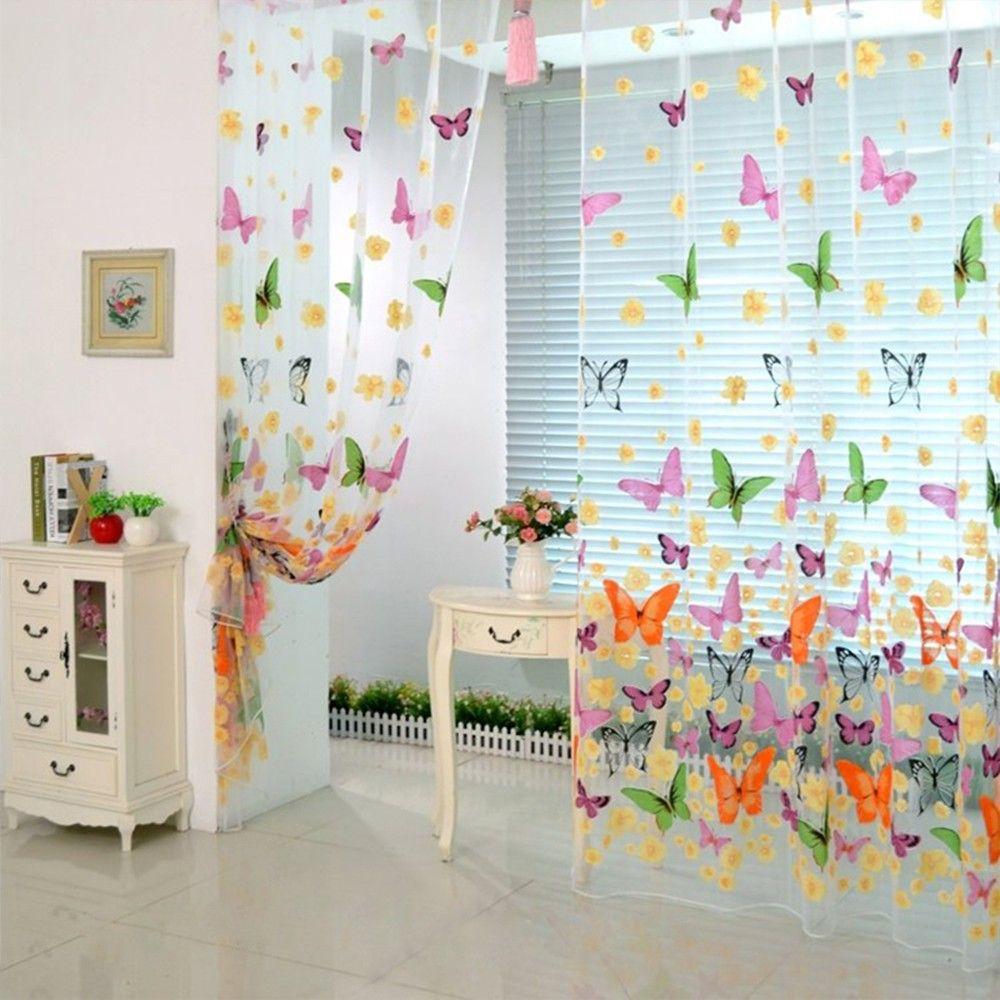Sheer Curtain Panel Butterfly Print Window Screening 200cm X 100cm Butterfly Yarn Tulle Curtain