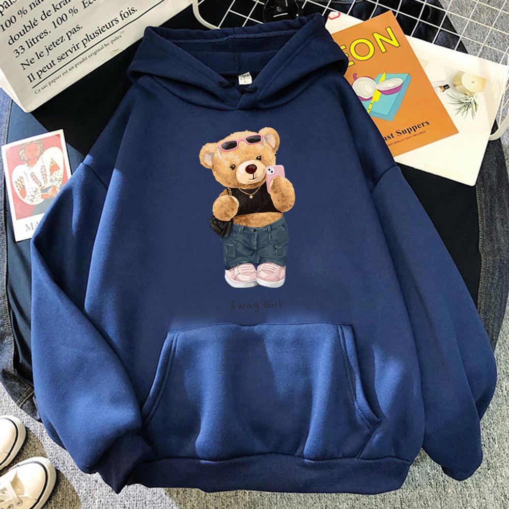 Street Teddy Bear Selfie Swag Girl Funny Women Clothes Breathable Loose Hoodies Harajuku Pocket Sweatshirt Soft Crewneck Hoody