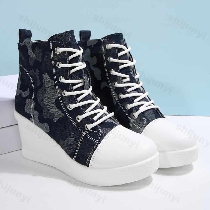 Autumn Women's Color Block High Top Wedge Heel Casual Canvas Shoes Fashion Denim Versatile Comfortable Chunky Single Shoes