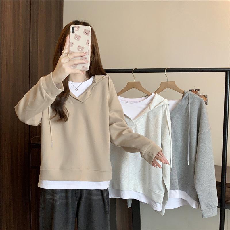 Women's Retro Patchwork Slimming Hoodie - Spring/Autumn Thin Loose Fake Two-Piece Design