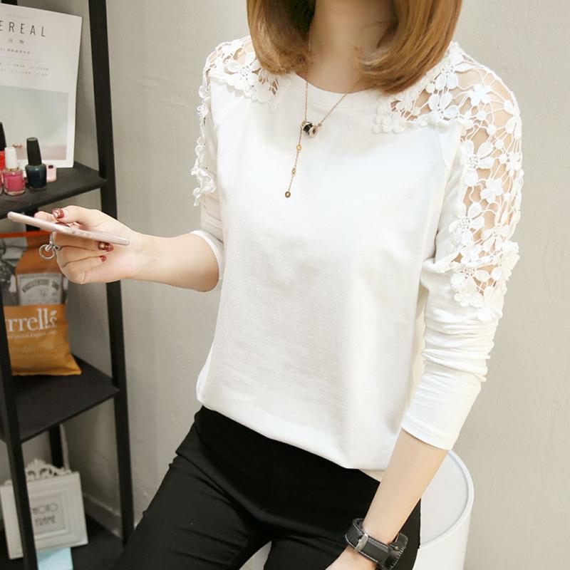 Buy Women Fashion Casual Loose Style Crochet Lace Bottoming Shirt Solid ...
