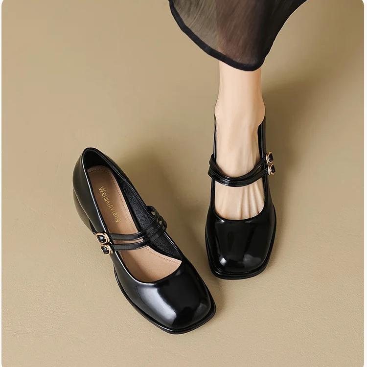 Mary Jane Shoes Women Block Heel Patent Leather Black Shoes