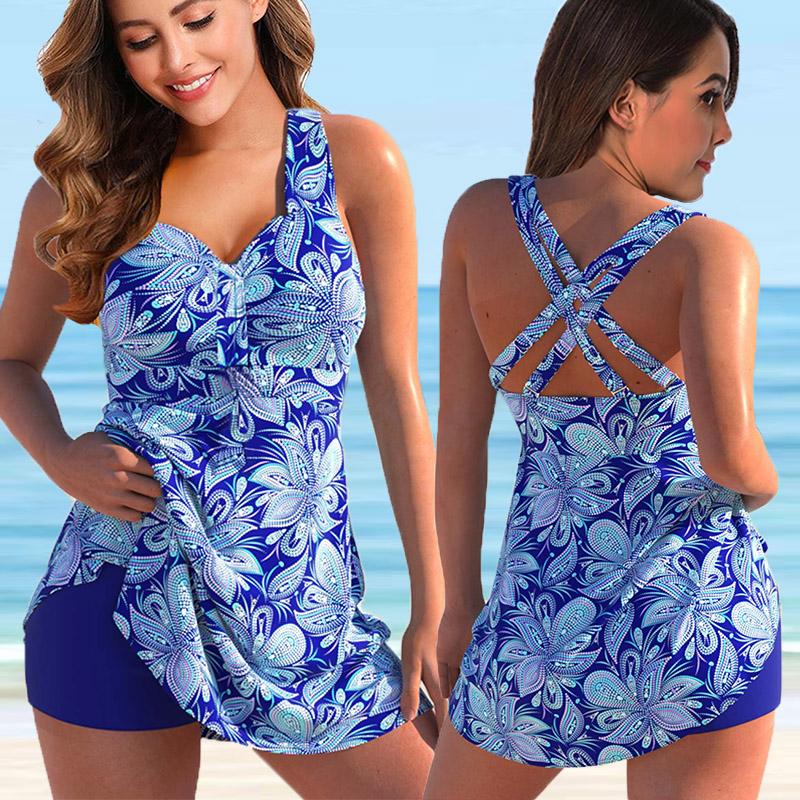 Neu Damen Bademode Tankini 2 Stück Normalen Badeanzug Hohe Taille Floral Blau Padded Strap Badeanzüge Sport Urlaub Sexy