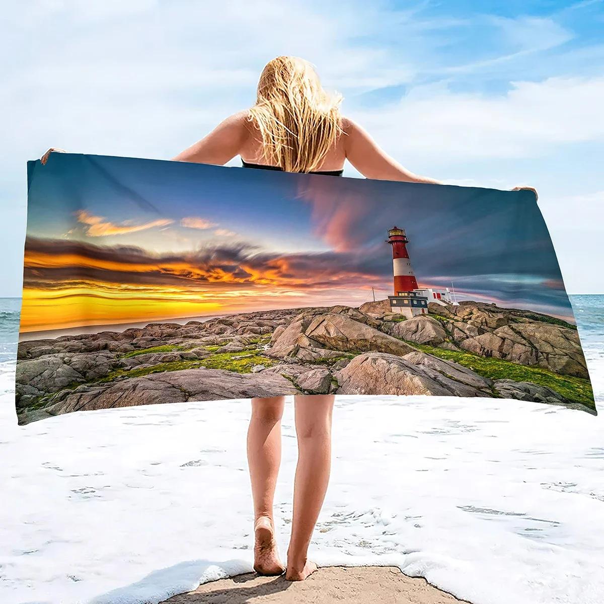 

Microfiber Beach Towels Oversized Beach Blanket Towel Portable Lighthouse Soft Super Water Absorbent Multi-Purpose Throw Towel W30*H60(CM)