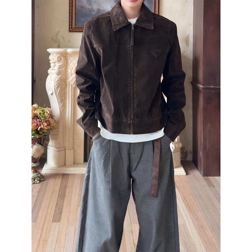 Αμερικανικό Δερμάτινο Μπουφάν Bomber από Σουέτ Ελαφιού: Unisex κοντό στυλ σε πολυτελές καφέ, ελαφρύ ρούχο εργασίας εμπνευσμένο από την Κορέα